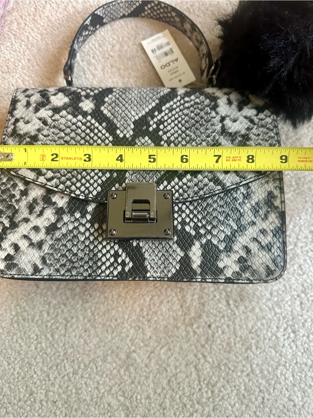 ALDO Black and White Snake-Print Crossbody Bag Top Handle Satchel with Black Pom